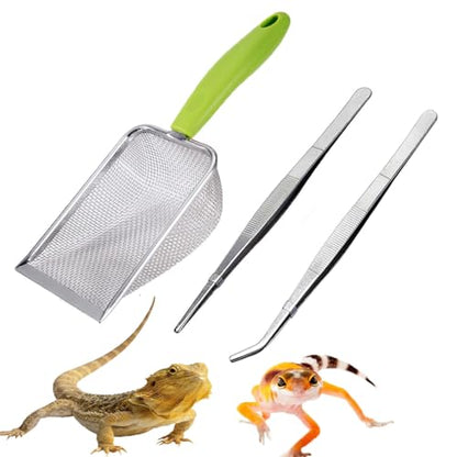 Reptile Sand Substrate Scoop Reptile Sand Fine Mesh Reptile Scooper Stainless Steel Terrarium Substrate Sand Bedding Litter Cleaner Scoop and Reptile Long Feeding Tongs Set (Green-2mm) | Stainless Steel 2mm Fine Mesh Reptile Scooper Terrarium Substrate Sa