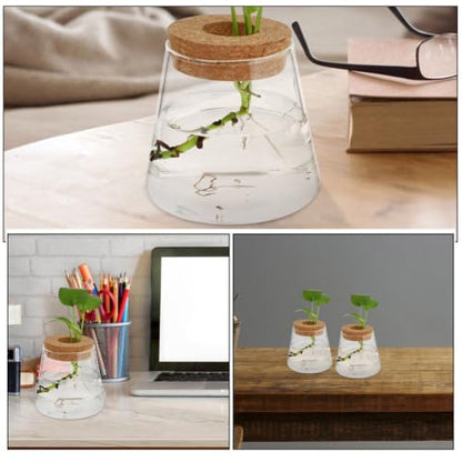 3pcs Hydroponic Glass Plant Vases with Wood Lid, Desktop Propagation Station for Plants and Flowers, Glass Container with Easy Maintenance, for Office Desk or Home Décor