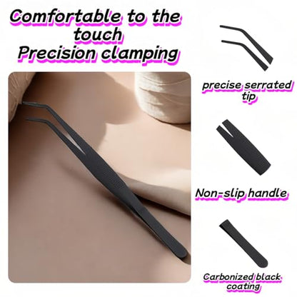 Professional Aquarium Tweezers, Black Carbonized Stainless Steel, Serrated Tip, Curved Design for Reptile Feeding, Tank Maintenance, Anti-Slip Reptile Feeding Tongs for Aquatic Plants, Lizards, Snakes