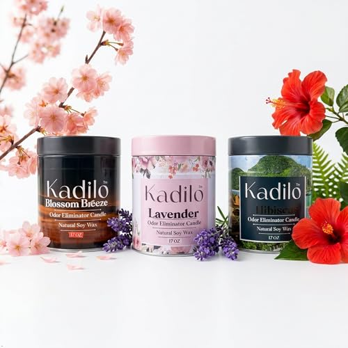 Kadilo™ Odor Eliminator Candle, 17 Oz Each Jar Natural Soy Wax, 3 Cotton Wicks, Highly Fragranced, 300 Hours Burn Time, Metal Jar, Set of 3 Different Flavors