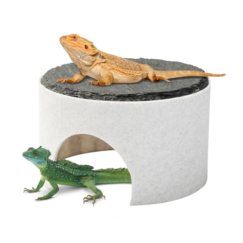 3 in 1 Reptile Basking Platform for Bearded Dragon, Leopard Gecko | Round Reptile Hides and Caves, with Heat Absorbing Slate Rock, 3.5×3.5×2.2 Inch
