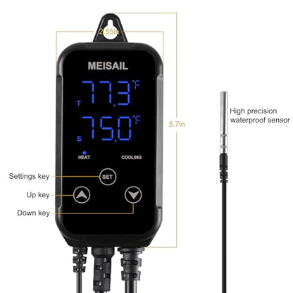 Digital Temperature Controller 2-Stage Outlet Thermostat | Heating and Cooling Mode, Carboy Homebrew Fermenter, Greenhouse Terrarium, 110V 10A, S10B-B