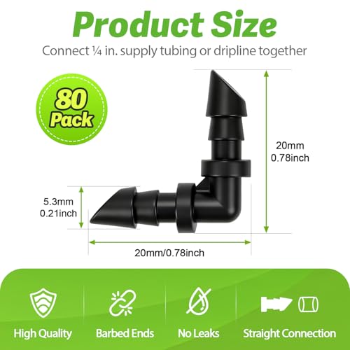 RedChili Drip Irrigation Universal 1/4" Barbed Elbow Fitting, 80 Pieces Drip System Parts 90 Degree Right Angle Connectors Fits 1/4-Inch Drip Tubing Irrigation For Drip Line Connection - size: 1/4" Elbow-80P