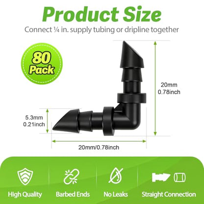 RedChili Drip Irrigation Universal 1/4" Barbed Elbow Fitting, 80 Pieces Drip System Parts 90 Degree Right Angle Connectors Fits 1/4-Inch Drip Tubing Irrigation For Drip Line Connection - size: 1/4" Elbow-80P