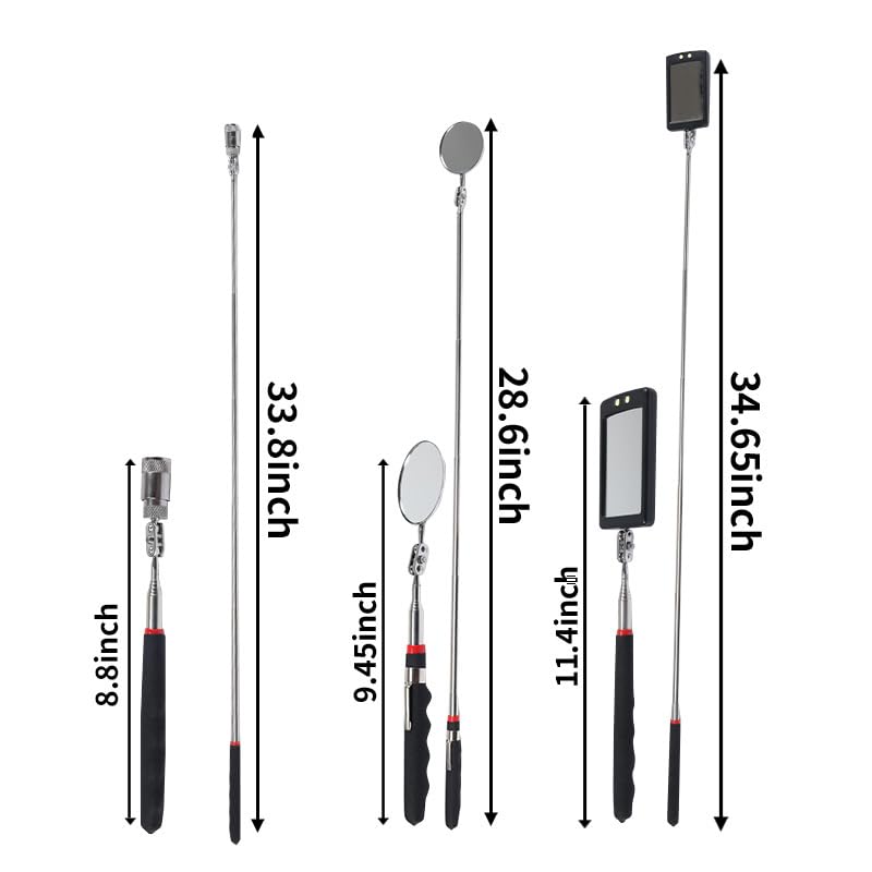 6Pcs Telescoping Magnetic Pickup Tool Set with LED Lights | 4Pcs Round and Square Inspection Mirror Telescoping, 2Pcs Magnet Stick Best Gadgets Gifts for Men - size: 6