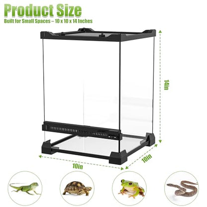 Vertical Glass Reptile Enclosure Terrarium, 10" x 10" x 14" | 6 Gallon Fully Assembly & Front Opening Habitat Tank for Crested Geckos, Tree Frogs & Small Arboreal Reptiles - size: 10" x 10" x 14"
