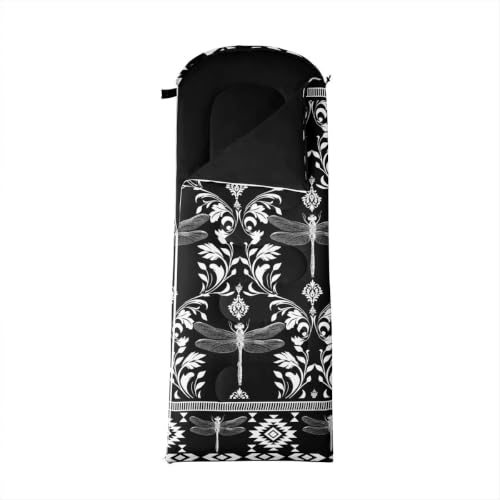 Erosebridal Longhorn Cow Skull Gothic Witchy Damask Sleeping Bag for Kids Camping Blanket for Hiking Travel Hunting Sleep Bag - color: Black and White Rustic Dragonfly