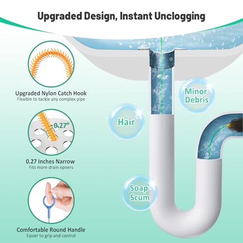 Reusable Drain Snake Hair Clog Remover, 30 inch Drain Cleaner Tool (5 Pack) | Anti-Break Metal Core & Nylon Layer, Flexible Shower Snake for Bathroom Sinks, Tubs and Shower Pipes