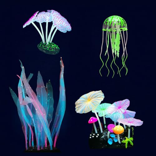 4-Pack Silicone Fluorescent Aquarium Plants & Decor - Realistic Jellyfish, Mushrooms for All Fish Tanks, Essential Decorations