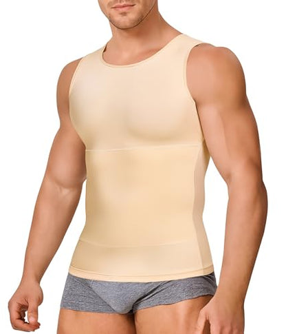 Gotoly Men's Compression Shirt Shapewear Slimming Body Shaper Vest | Man boobs slimming, double-layer tummy control, seamless round neck, invisible under fitted tees, 4-way stretch fabric - color: Beige, size: X-Large