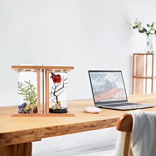 Creative Bamboo and Wood Ecological Fish Tank Creative Fish Tank Small Fish Tank Betta Fish Tank Aquaponic Fish Tank with Dual Glass LED Divider Wood Base DIY Landscape Desktop Aquarium
