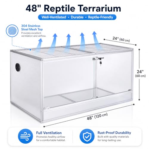 120 Gallon Bearded Dragon Tank, 48x24x24 Reptile Enclosure, Silver | 4x2x2 reptile tank, Aluminum Frame, Tempered Glass Sliding Doors, Insulated Panels & Cable Port - color: Silvery