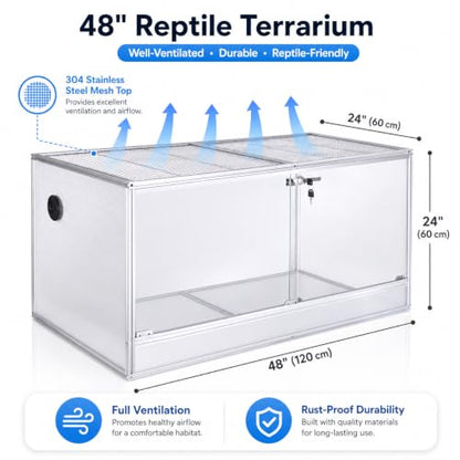 120 Gallon Bearded Dragon Tank, 48x24x24 Reptile Enclosure, Silver | 4x2x2 reptile tank, Aluminum Frame, Tempered Glass Sliding Doors, Insulated Panels & Cable Port - color: Silvery