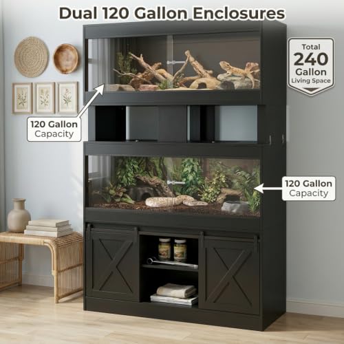 Cushore Double 4x2x2 Reptile Enclosure with Stand, Albizia Solid Wood-Core 120 Gallon Reptile Terrarium, Bearded Dragon Tank Stand with Sliding Door and 2 Cabinets for Lizard, Crested Gecko, Black