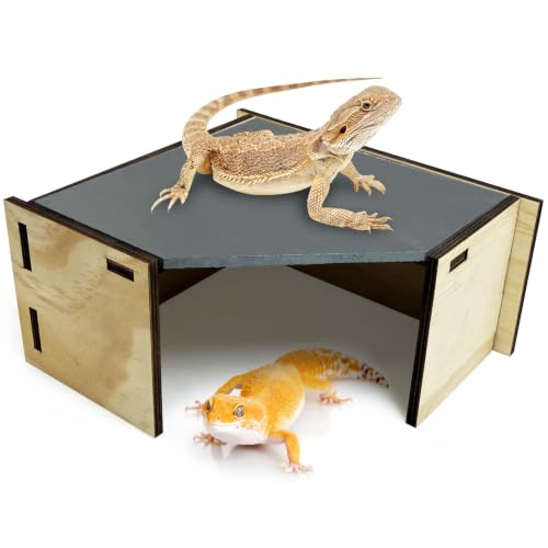 Tfwadmx Bearded Dragon Basking Platform with Hideout Wooden Lizard Hideout Reptile Slate Rocks Basking Platform with Hiding Cave Tank Accessories for Lizards Snakes Tortoise - size: Style 1: 9.4" x 8.6" x 4.5"