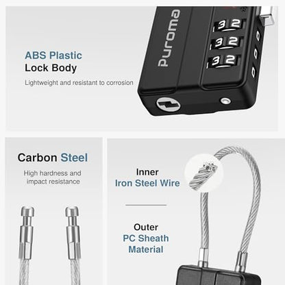 Puroma 4 Pack TSA Locks for Luggage Lightweight 4-Digit Code Padlock Black | TSA Approved, Resettable, Flexible Cable, Zipper holes, Bright Color, Large White Numbers, for Train Travel Suitcase Backpack