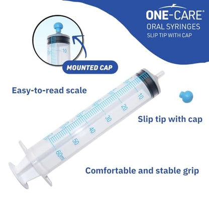 ONE-CARE 60ml Oral Syringe with Cap, Slip Tip Liquid Dispensers, 25/Box | Individually Wrapped, Food-Grade Plastic, Accurate Graduation for Precise Liquid Dosing, Oral Feed - Infants, Adults & Pets - size: 60ml
