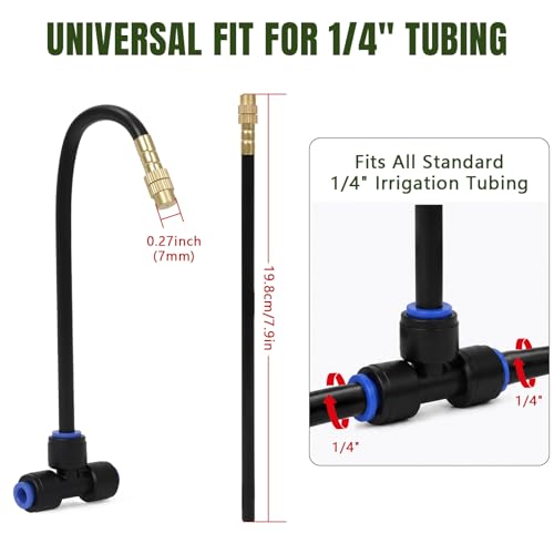 Drip Irrigation Nozzles 40 Pack, 8 Inch Adjustable Sprayers for 1/4 Tubing | 360° bendable stems direct water where needed; tee connectors branch irrigation for pots, raised beds and greenhouse plants.