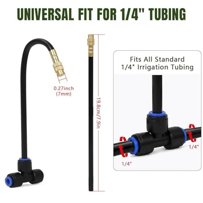 Drip Irrigation Nozzles 40 Pack, 8 Inch Adjustable Sprayers for 1/4 Tubing | 360° bendable stems direct water where needed; tee connectors branch irrigation for pots, raised beds and greenhouse plants.