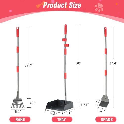 FUSBUNTY Dog Pooper Scooper Set, Pooper Scooper for Dog, Heavy Duty Stainless Steel Rake with Extra Large Tray & Spade No Bending Clean Up for Pet Waste Removal, for Grass, Dirt Or Gravel. - color: Red-Extra Large