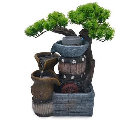 14.5-Inch Tabletop Water Fountain with Bonsai Tree, 3 Cascading Pots, Elegant 3-Tier Rock Garden, Serene Meditation Gift with Waterfall Sounds for Home/Office