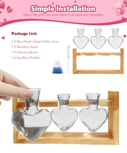 Plant Terrarium with Wooden Stand, 3 Heart Bulb Glass Vases | Wooden Stand Tabletop for Air Planter, Gifts for Mom Plant Lovers Mom Women Wife Grandma - color: Light Gray