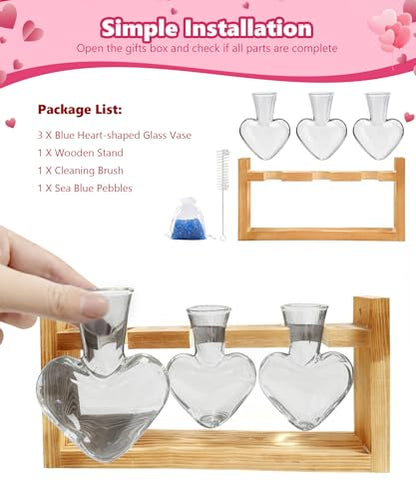 Plant Terrarium with Wooden Stand, 3 Heart Bulb Glass Vases | Wooden Stand Tabletop for Air Planter, Gifts for Mom Plant Lovers Mom Women Wife Grandma - color: Light Gray