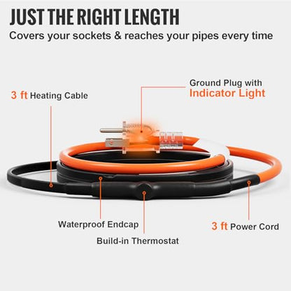 VEVOR Self-Regulating Pipe Heating Cable, 3FT 5W/FT Heat Tape for Pipes Freeze Protection, Water Pipe Heat Cable with Built-in Thermostat Protects PVC Hose, Metal and Plastic Pipe from Freezing - size: 3FT
