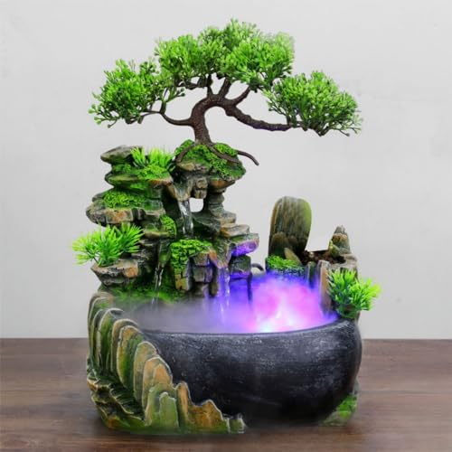 Indoor Tabletop Fountains ， Rockery, Water, Waterfall, Plants, Desktop Fountain, atomizing humidifier Fountain, Home Office Desktop Decorations, Automatic Pump with Power Switch