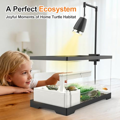 Turtle Tank Kit for Small Turtles, Hatchlings, Aquatic Pets-7.8Gallon with Basking Platform, Timed Heat Lamp & Rain Filter(19.7"*9.5"*9.6")