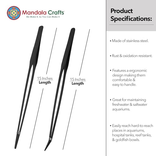 Mandala Crafts Black 15 Inches Straight Curved Fish Tanks Aquarium Tweezers | 15 Inch Forceps, Rust Resistant Stainless Steel, Trimming Aquatic Plants, Bowls, Terrariums, Freshwater & Saltwater Aquascape - color: Black Curved Straight Tweezers, size: 15 I