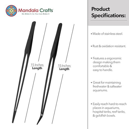Mandala Crafts Black 15 Inches Straight Curved Fish Tanks Aquarium Tweezers | 15 Inch Forceps, Rust Resistant Stainless Steel, Trimming Aquatic Plants, Bowls, Terrariums, Freshwater & Saltwater Aquascape - color: Black Curved Straight Tweezers, size: 15 I