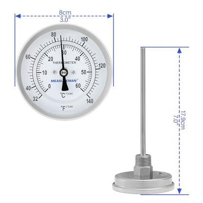 Measureman Fully Stainless Steel Bi-Metal Dial Thermometer, 3" Dial, 6" Stem, 32-140 deg F/0-60 deg C, +/-1% Accuracy, Adjustable, 1/2" NPT Back Mount - size: 32-140 deg F/0-60 deg C, style: 6" Stem