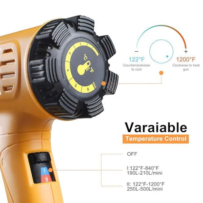 SEEKONE 1800W Heat Gun Variable Temp 122℉-1202℉ for Crafts, Shrink Wrap | Fast Heating 122℉-1202℉, Dual Airflow, Overheat Protection, 4 Nozzles for Shrink Tubing, Paint Removal and 3D Printing