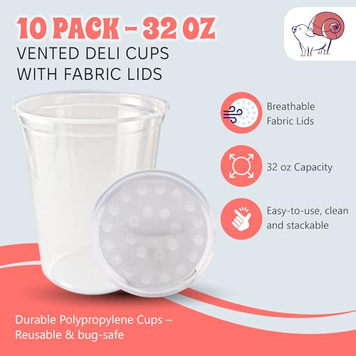Snout and Shell Deli Cups with Fabric Vented Lids, 10 Pack - Secure Fruit Fly & Insect Cultures, Prevent Escapes & Contaminants, Easy Fruit Fly Media Preparation, Hot Liquid Safe - size: 32oz/10 cups