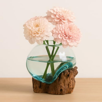 Cape Craftsmen 7" Hand-Blown Blue Tinted Bubble Glass On Natural Teak Driftwood Terrarium Kit | Home Décor Indoor Planter with Stand | Pot for Succulent and Plants - size: Small (With Stand)