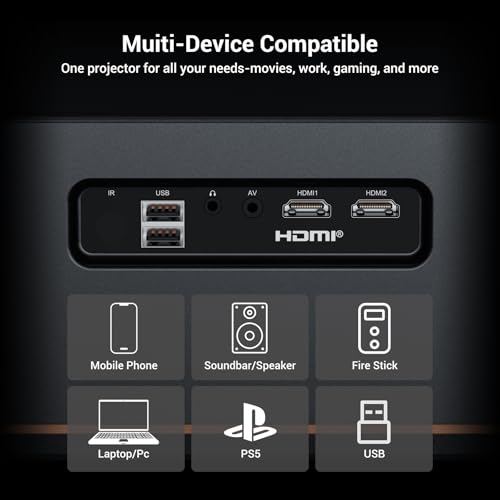 HAPPRUN 2000 ANSI 4K Decoding Projector with WiFi and Bluetooth, Auto Focus | 300'' Display for Indoor/Outdoor, Portable Home Theater, Smart Movie Projector Compatible with Phone/TV Stick/PC/PS5