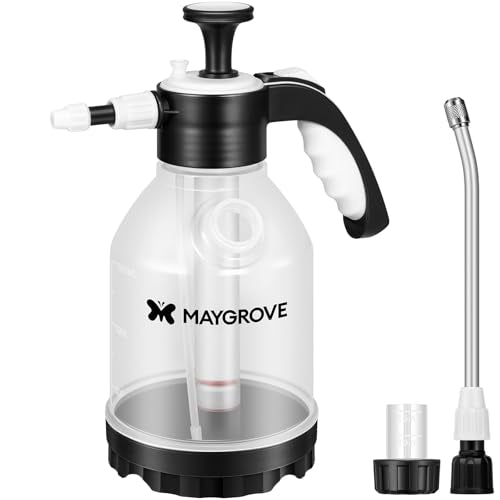 MAYGROVE 50oz Pump Sprayer, Hand Water Spray Bottle | Clear Plant Sprayer with Side Filling Port, Measuring Cup, Adjustable Nozzles, Safe Pressure Relief Valve for Indoor Plant