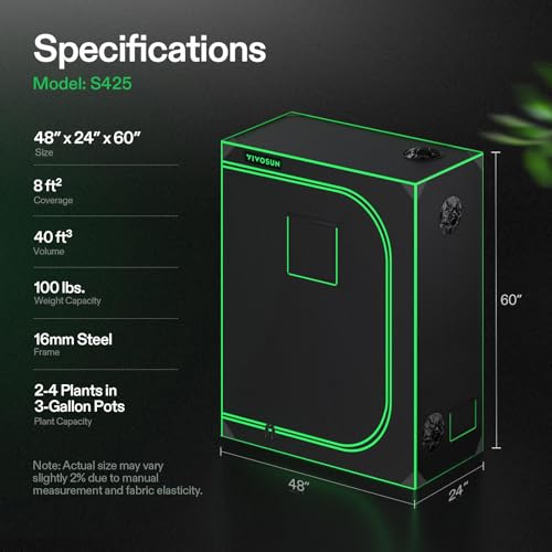 VIVOSUN S425 2x4 Grow Tent 48"x24"x60" High Reflective Mylar Tent | Easy View Observation Window & Floor Tray, 100% Reflective Mylar Interior, Sturdy Metal Frame for Hydroponic Setup - size: 48"x24"x60"