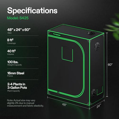 VIVOSUN S425 2x4 Grow Tent 48"x24"x60" High Reflective Mylar Tent | Easy View Observation Window & Floor Tray, 100% Reflective Mylar Interior, Sturdy Metal Frame for Hydroponic Setup - size: 48"x24"x60"