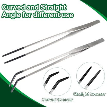 Stainless Steel Reptile Feeding Tongs 10.6" Straight and Curved Long | 2PCS Terrarium with Rubber Tip Aquascape Tools Feeder for Lizards, Bearded Dragon Snake Enclosure Tank Accessories
