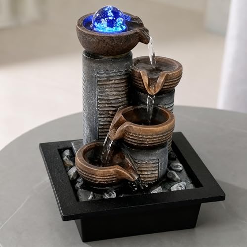 Soothing 4-Tier Tabletop Fountain with led Crystal Ball - Indoor Waterfall Fountain for Desk, Perfect Zen Decor for Office, Home, or Gift, Featuring Quiet Pump and Compact Design GIDITA - size: H9.84"