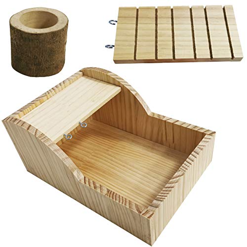 kathson Hamster Sand Bath Box Wooden Small Animals Shower Room Chinchilla Digging Sand Bathtub Container with Climbing Ladder Bowl for Dwarf Syrian Mice Mouse Gerbils Hedgehog