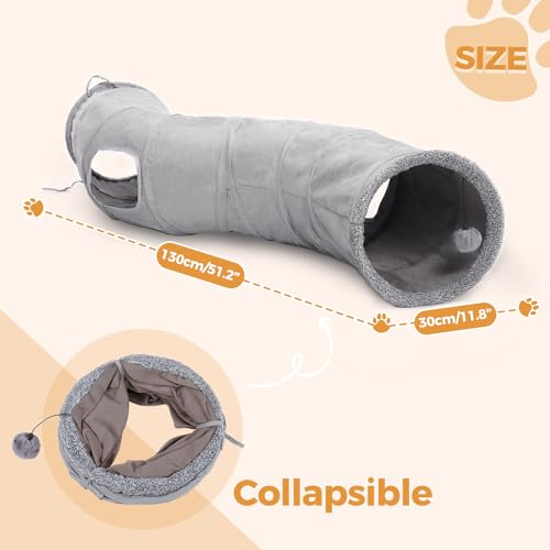 PAWZ Road Cat Tunnel S Shape Cat Tunnels for Large & Indoor Cats 51”Long | Durable, Spacious 10.5" Cat Tube with Peepholes & Dangling Ball Toy, Connected to Play Tunnels, Collapsible for easy storage