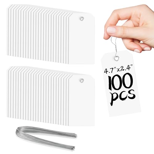 100 White Tags with String - Large Plastic Tags with Reinforced Hole for Price Machines Parts Luggage Garage Inventory (4 3/4" x 2 3/8") - color: White, size: 4 3/4" x 2 3/8"