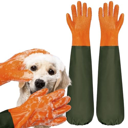 YOFANG 27.6" Extra Long Pet Grooming Bathing Gloves for Dogs & Cats | Anti-Bite Anti-Scratch Hair Removal Cat Bath Glove with Soft 3500+ Particles, Waterproof Rubber Washing Gloves,Orange/Green