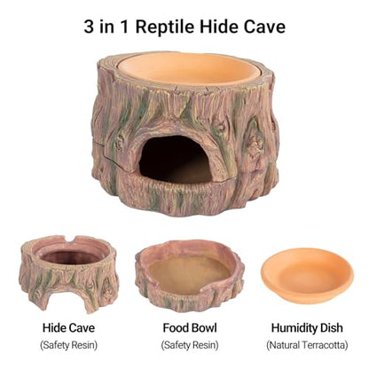 3 in 1 Reptile Hide Cave with Detachable Base & Humidity Dish, Essential Tank Terrarium Decor Humid Hideout Accessories for Small Reptiles Crested Gecko, Leopard Gecko, Lizard, Snake, Crabs