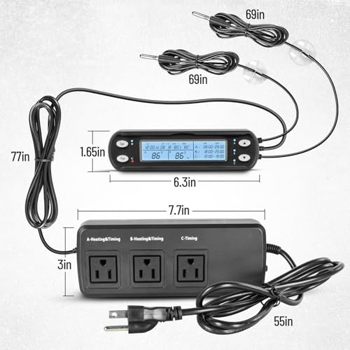 Smart Thermostat with Heating Timing Outlets, PID Dimming Thermostat for Day Night Temperature Controller, 3-Channel Digital Timer for Reptile Mushroom Greenhouse Heat UVB Lamp
