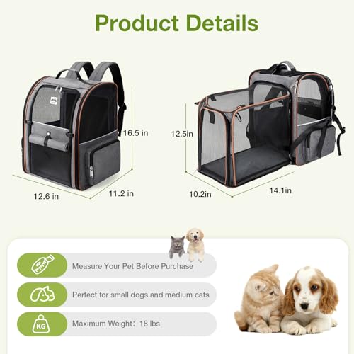 Cat Carrier Backpack, Expandable Pet Carrier with Sun Shade & Full Front Opening, Breathable Mesh Backpack for Small Dogs & Medium Cats Up to 18 Lbs, Foldable for Hiking, Camping (Grey) - color: Grey