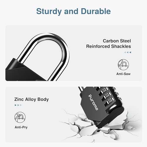 Puroma 1 Pack Combination Lock Locker 4 Digits Combo Padlock Gym Black | For School Gate Fence Toolbox Hasp Storage, Outdoor, Resettable, Weatherproof, Side Window, Crack Cut Resist, Hardened Steel - color: Black